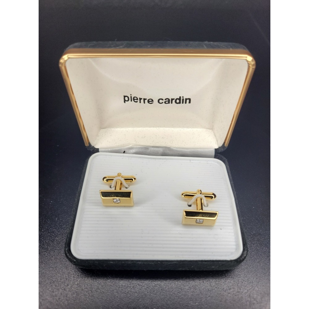 Pierre Cardin Cufflinks Gold Tone Rectangular Stone Accent with Box Set